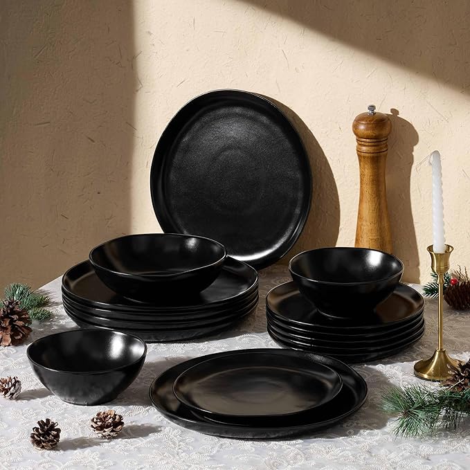 Herogo Stoneware Dinnerware Sets for 6 18 Piece Ceramic Dinner Dishes Set Irregular Handmade Plates and Bowls Dishware Crack and Scratch Resistant Reactive GlazeMatte Black