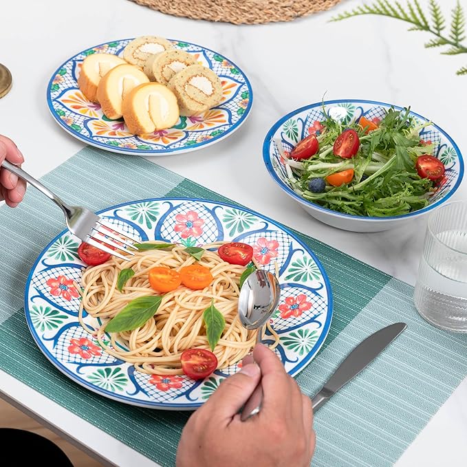 18 Pieces Melamine Dinnerware Sets Service for 6 Paisley Kitchen Plates and Bowls Set Unbreakable &amp Lightweight Dinnerware Set Camping Dishs Indoor Outdoor Use Spanish Floral Pattern