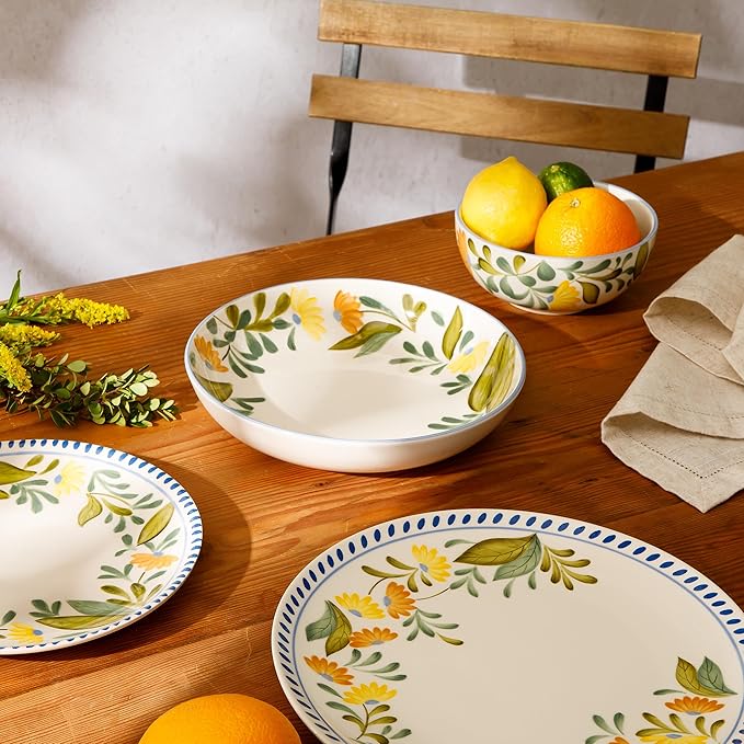 Bloomhouse - Two Time Oprah's Favorite Things Winner - Posy Blossom Double Bowl Hand Painted Stoneware Plates and Bowls Floral Dinnerware Set Service for Four (16pcs)