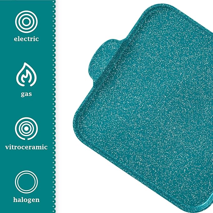 14-Piece Cast Aluminum Cookware Set with Lids Utensils and Pan Protectors – Nonstick Interior &amp Speckled Exterior – Teal Speckle