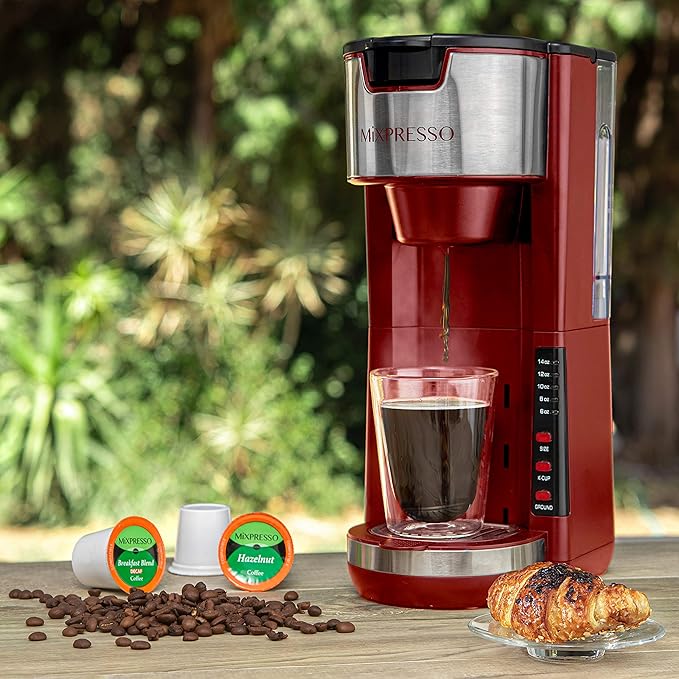 Mixpresso Red Single Serve Coffee Brewer K-Cup Pods Compatible &amp Ground 30 oz Compact Coffee Maker Single Serve With 5 Brew Sizes Up To 14 Oz Fits Travel Mug Adjustable Drip Tray