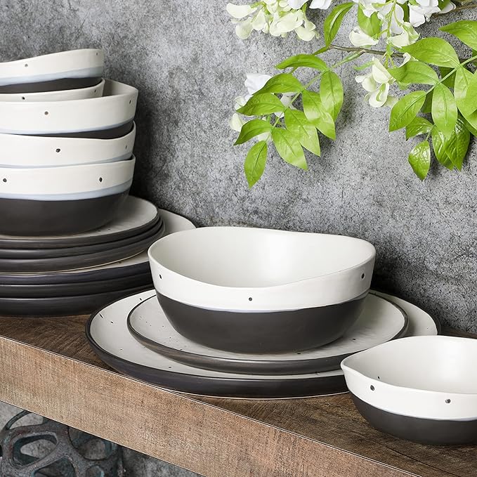 Gibson Elite Rhinebeck 16-Piece Double Bowl Dinnerware Set Service for 4 – White and Black Stoneware Plates and Bowls