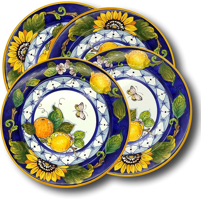 Italian Ceramic dinnerware set - Hand Painted kitchen Dishes sets for 4 - Made in ITALY Tuscany - Italian Pottery dinner plates - Home Decor Sunflower Lemon Ceramics dishes set - Service For 4
