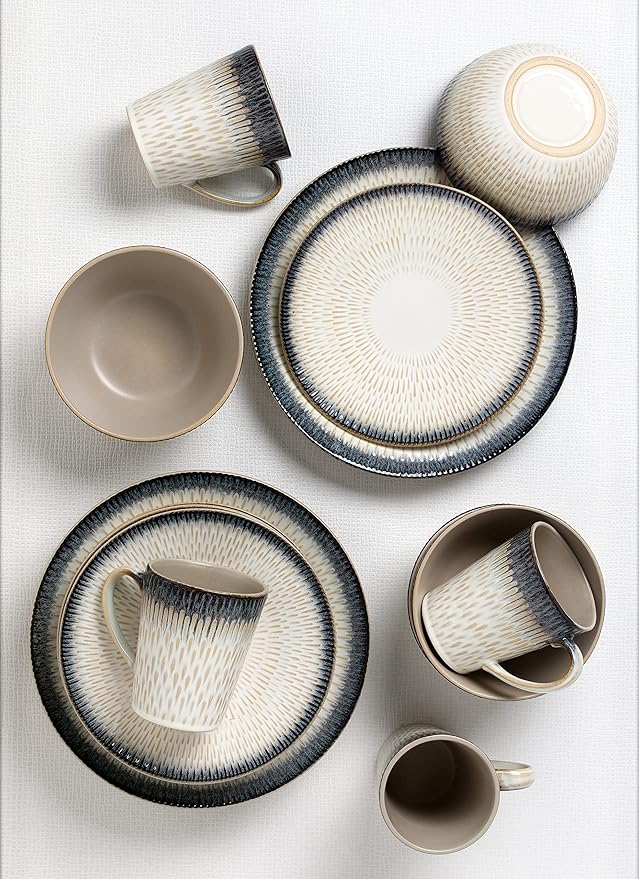 Elegant and Modern Stoneware Scroll Dinnerware Set for Hosting Parties and Events - Blue Drop 16 Piece