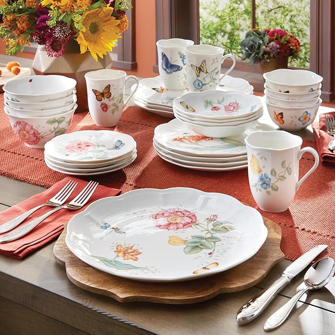 Lenox Dinnerware Set Butterfly Meadow 28-Piece Set Service For 4 Porcelain Plates With Scalloped Edges Plates And Bowls Sets Microwave Safe Dishwasher Safe Home &amp Kitchen (28 Piece Assorte