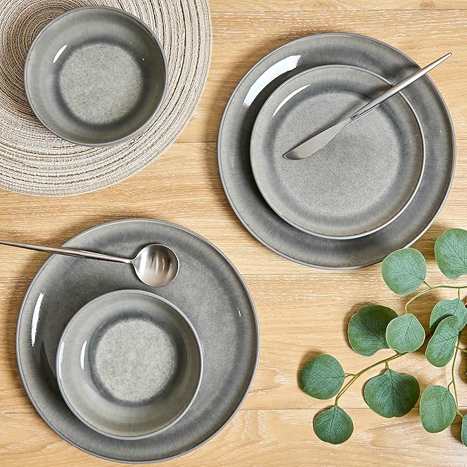Sango Asher 12-Piece Stoneware Dinnerware Set for 4 Gray Ceramic Plates and Bowls Sets Modern Dish Set with Reactive Glaze Durable Kitchen Dishes for Casual Dining Microwave &amp Dishwasher Safe