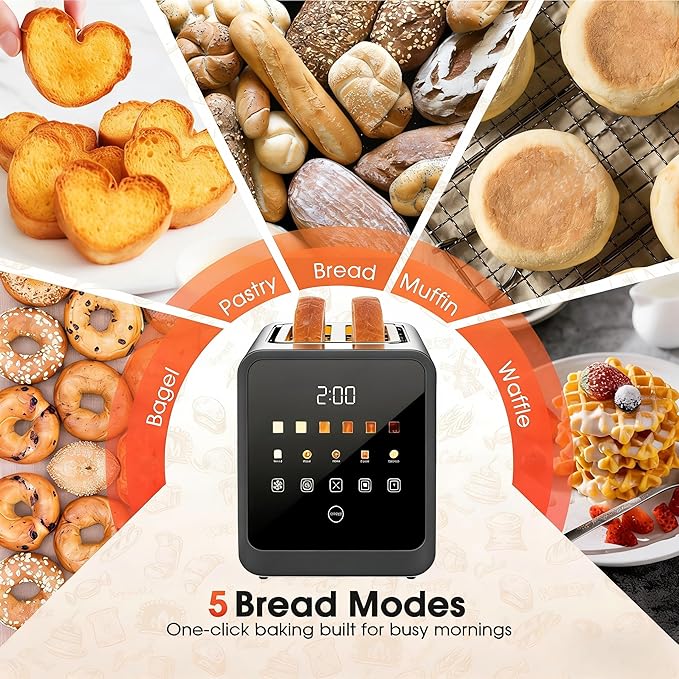 Toaster 2 Slice Wide Slot Stainless Steel Digital Toasters Best Rated Prime Touch Screen Toaster for 5 Bread Types/6 Shade Settings/Single Slot Toasting/Memory Function/Defrost/Reheat