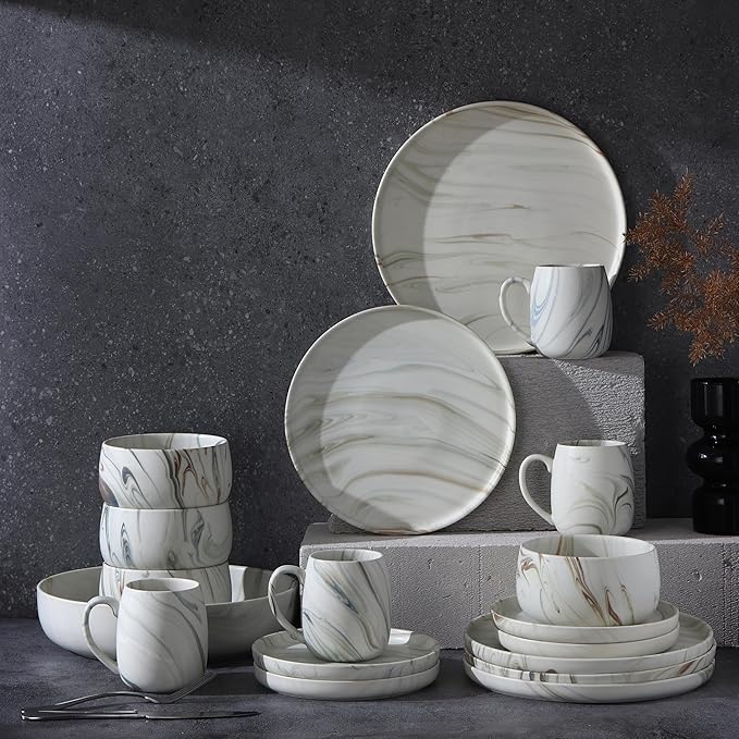 Lorren Home Trends Marble Pattern Dinnerware Set 16 Piece Service for 4 Includes 10.5 Dinner Plates 7.75 Salad Plates 32 oz Bowls 16 oz Mugs Dishwasher &amp Microwave Safe