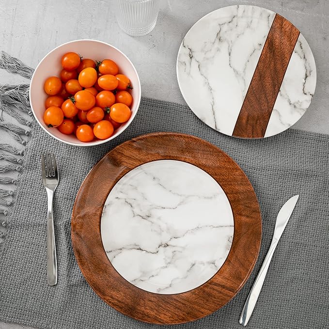 LEHAHA Rustic Modern Melamine Dinnerware Sets Marble 12-Piece Lightweight Outdoor Plates and Bowls Sets Unbreakable Wood Patterns Dishes Dinnerware Set Service for 4…