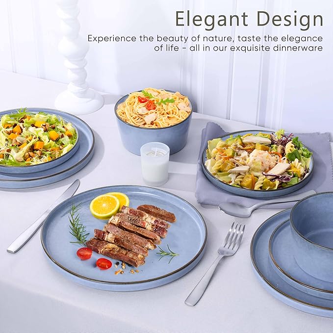 Herogo Dinnerware Sets with Pasta Bowls for 4 16 Piece Dinner Salad Plates and Cereal Serving Bowls Stoneware Dishes Dinner Ware for Home Kitchen Dishwasher &amp Microwave Safe Haze Blue