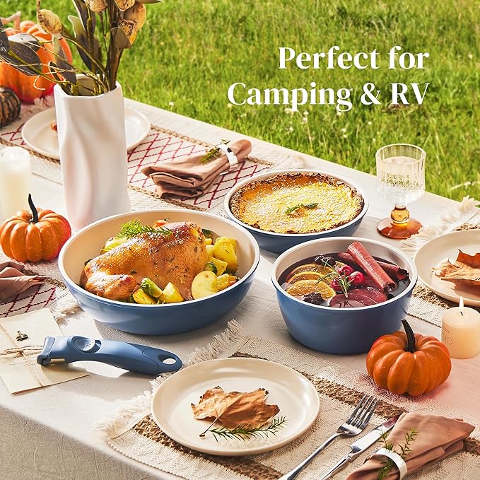 Redchef Ceramic Cookware Set Removable Handle Pots and Pans Non-Stick Rv Cookware Set Non-Toxic Pots and Pans Set No PFAS PTFE PFOA Detachable Pots and Pans Dishwasher &amp Oven Safe(Blue)