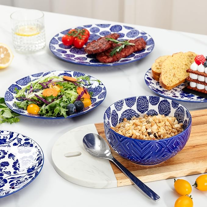 LEHAHA 12 Pieces Modern Porcelain Dinnerware SetService for 4 Ceramic Plates and Bowls Sets Kitchen Dinner Salad Dessert Plate and Cereal Bowl Set Ceramics Dishes Set Blue and White