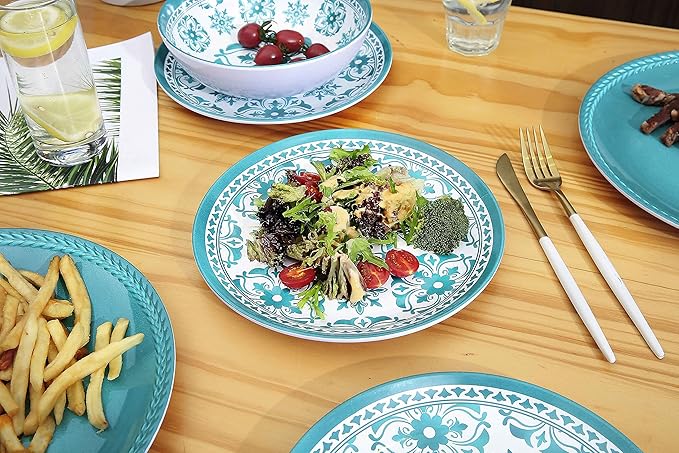 Webbylee Melamine Dinnerware Set12-Piece Plate and Bowl SetsUnbreakable Dish Set Service for 4–Dishwasher Safe&ampLightweight DishesGreen Dinnerware for Indoor/Outdoor Use Gift