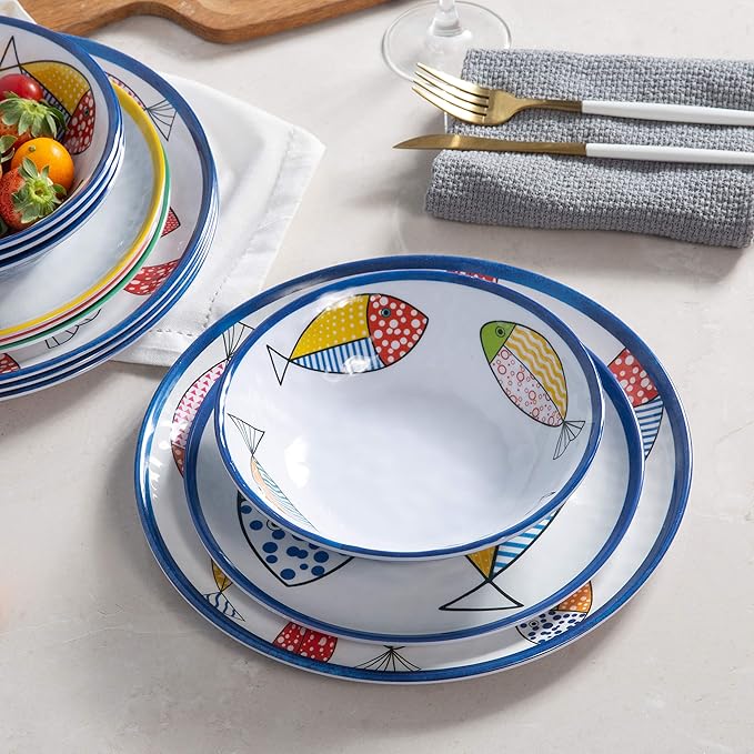 Melamine Dinnerware set for 4 Plates and Bowls Sets Great for Camper RV Indoors Outdoors Use with Ocean Printed Unbreakable