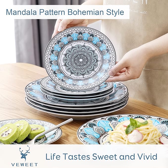 VEWEET VCW-AUD18 'Audrie' Porcelain Dinner Service Set for 6 People with 6 Cereal Bowls Dessert Plates and Flat Plates