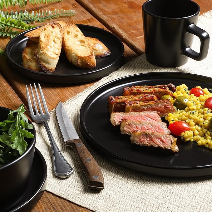 Gibson Soho Lounge Bowery 32 Piece Matte Black Stoneware Dinnerware Plates Bowls and Mugs Set - Service for 8