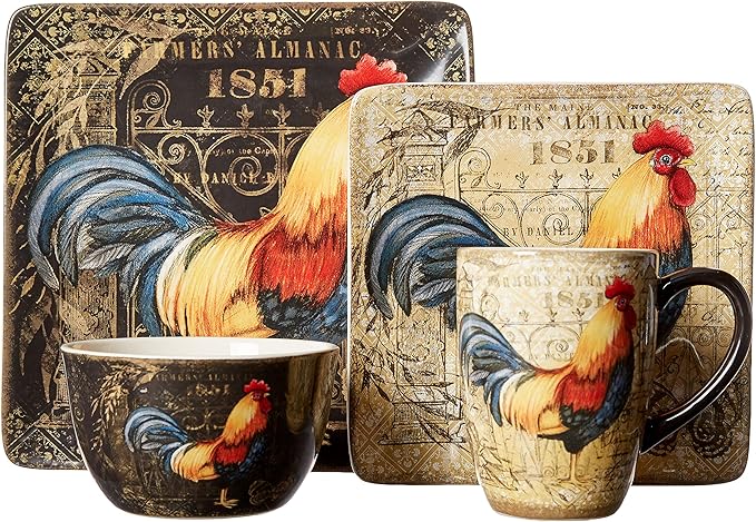 Certified International Gilded Rooster 16 pc Dinnerware Set Service for 4