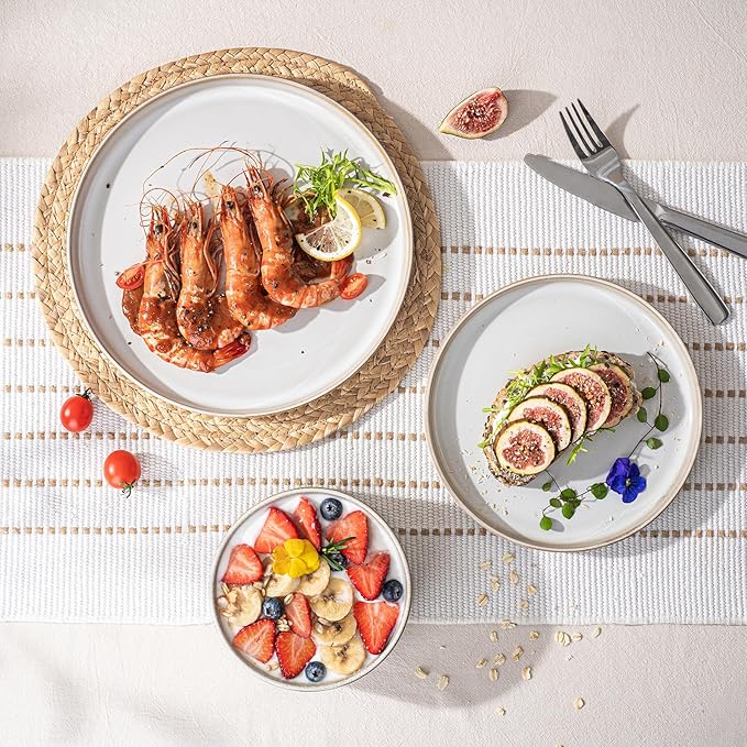 Ceramic Dinnerware Sets for 4-12 Piese Plates and Bowls Set Microwave and Dishwasher Safe Stoneware Ribbed Dishes and 22oz bowls Beige