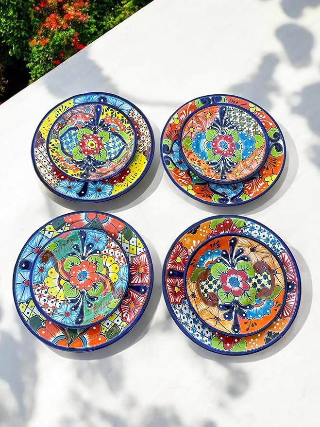 16-Piece Talavera Dinnerware Set | Hand-Painted Mexican Pottery with 4 Large 11.5” Plates 4 Small 8” Plates 4 Bowls and 4 Mugs | Unique Artisan-Made Ceramic Dish Set