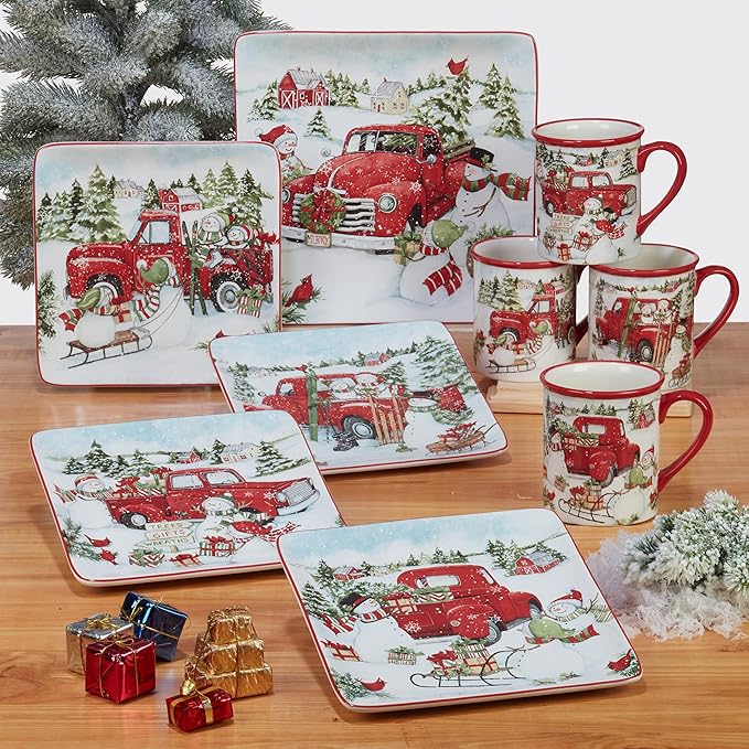 Red Truck Snowman 16pc Ceramic Dinnerware Set Service for 4 – Bring holiday cheer to every meal with festive red trucks snowmen and trees perfect for holiday gatherings and winter entertaining