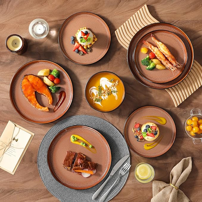 vancasso Plates and Bowls Sets 24 Pieces Stoneware Dinnerware Sets for 8 Kitchen Dish Set Mircowave and Dishwasher Safe Ceramic Dishware Dark Brown Series AMBER