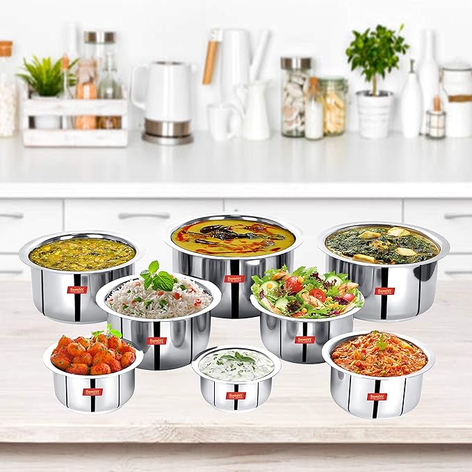 Sumeet Stainless Steel Mini to Big Size Flat Bottom Induction &amp Gas Stove Friendly Tope/Patila/Cookware Set of 8Pcs (370ML 550ML 800ML 1100ML1400ML 1800ML 2300ML 3000ML)