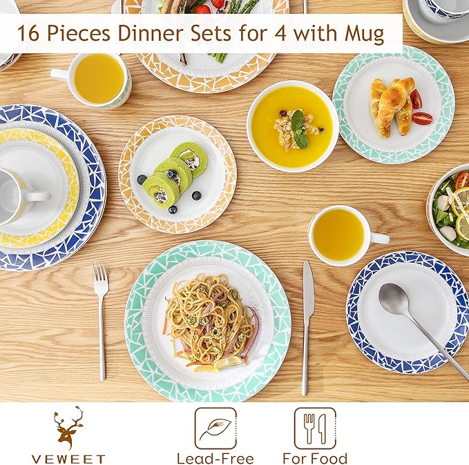 VEWEET Cecil Porcelain Dinner Service Set 16-Piece Crockery Set Includes 10.75 Inch Dinner Plates 7.5 Inch Dessert Plates 5.5 Inch Bowl and 380 ml Coffee Mug Complete Service for 4 People