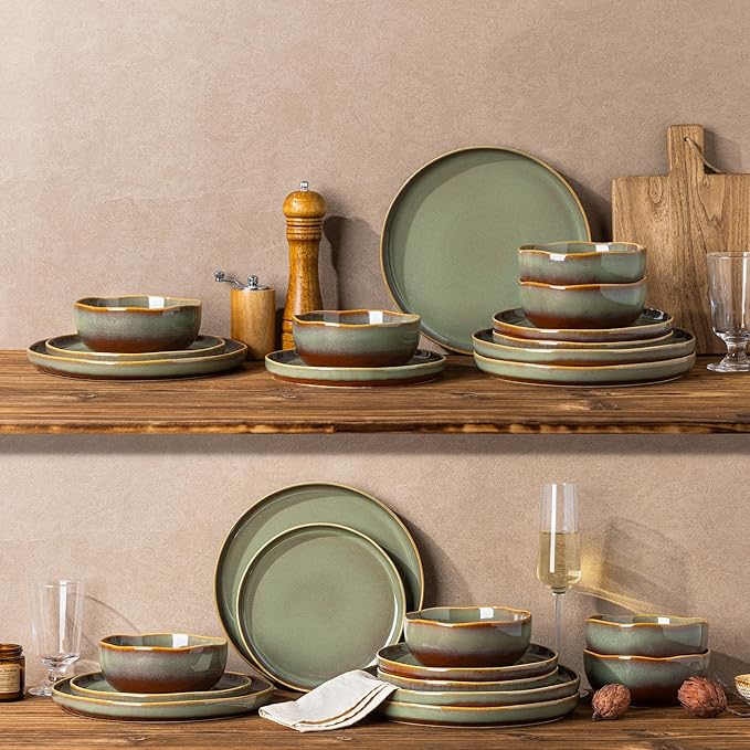TheTerra Ceramic Dinnerware Sets for 4 12 Pieces Handmade Reactive Glaze Plates and Bowls Sets Scratch Resistant Dish Set Oven &amp Microwave &amp Dishwasher Safe Brown Green