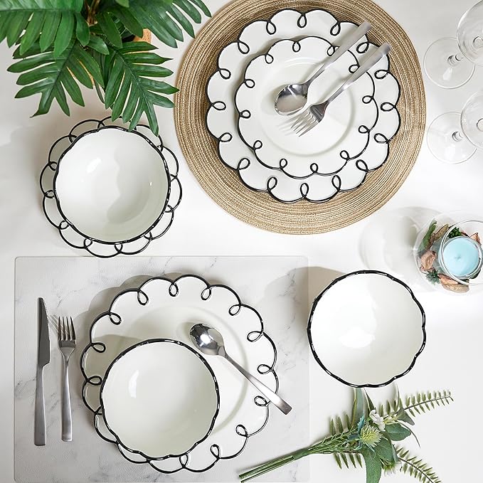 Sango 12-Piece Earthenware Dinnerware Set for 4 Glossy White Plates and Bowls Sets with Black Scalloped Rims Premium Dish Set Dishes for Hosting Parties Birthday &amp Wedding Gifts Splash of Che