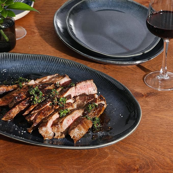 Gibson Elite Sandy Pines 3 Piece Oval Platter Set 15.7” 13.75” &amp 12” Stoneware Serving Platters Reactive Glaze Finish Blue Microwave &amp Dishwasher Safe
