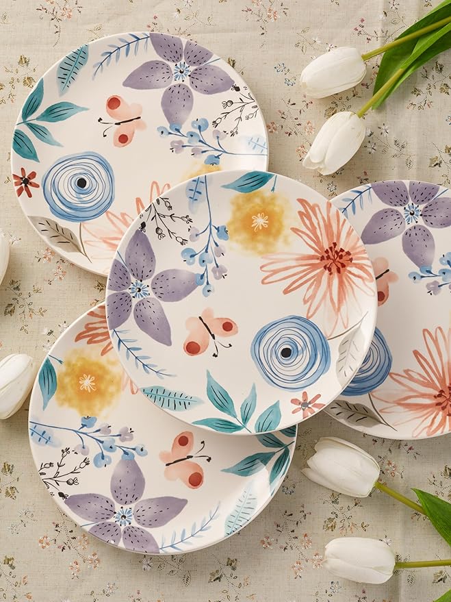 Bico Blossom Symphony Ceramic 12 pcs Dinnerware Set Service for 4 Inclusive of 11 inch Dinner Plates 8.75 inch Salad Plates and 29oz Cereal Bowls for Party Microwave &amp Dishwasher Safe