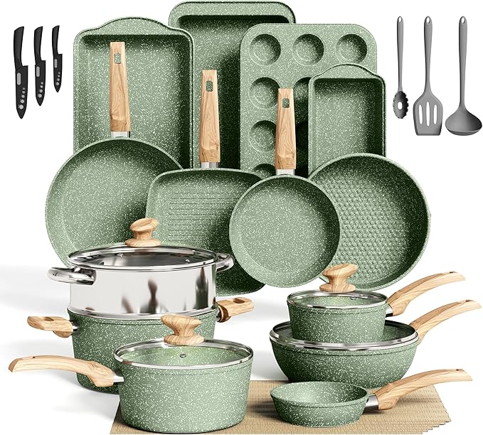 30 Piece Pots and Pans Set Non Stick Granite Induction Cookware Sets Nonstick Kitchen Cookware Sets Non Toxic Cookware Set with Frying Pans and Saucepan Kitchen Pots and Pans Set Green