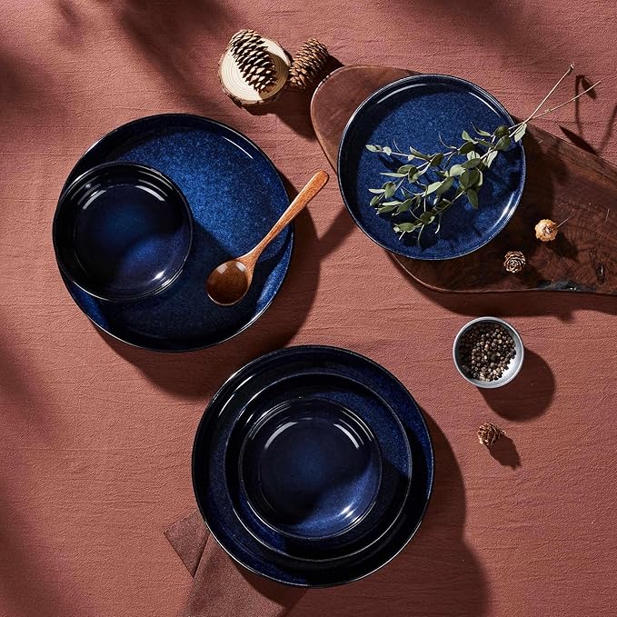 LIANYU 24 Piece Dinnerware Plate and Bowls Dishes Sets for 8 Modern Stoneware Ceramic Set Kitchen Round Dinning Ware Dishware Set Dishwasher and Microwave Safe Midnight Blue