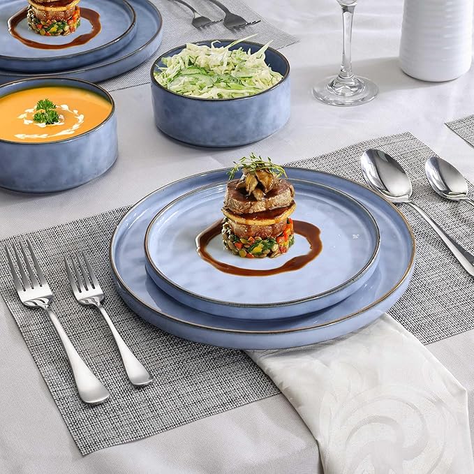 LIANYU 16-Piece Dinnerware Set Stoneware Dishes Ceramic Plates and Bowls Microwave &amp Dishwasher Safe Serenity Blue