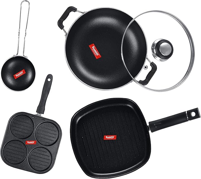 Sumeet NonStick Fekete Cookware Set (Mini Multi Snack Maker - 4 Cavity -19.5cm + Kadhai with Glass Lid -2Ltr - 22Cm Dia + Grill Pan-22cm Dia + Waghariya/Tadka pan - 190Ml - 10Cm Dia)