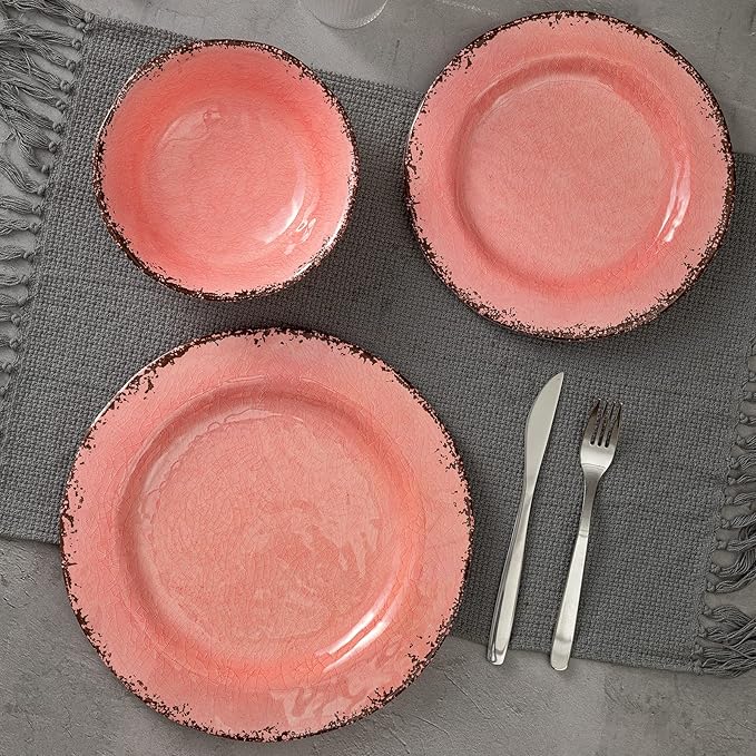 LEHAHA Melamine Dinnerware Sets Farmhouse Dinnerware Set Camping Dishes Set BPA free and Lightweight Durable Outdoor Plates and Bowls Set Service for 4 (12 piece) (Pink)