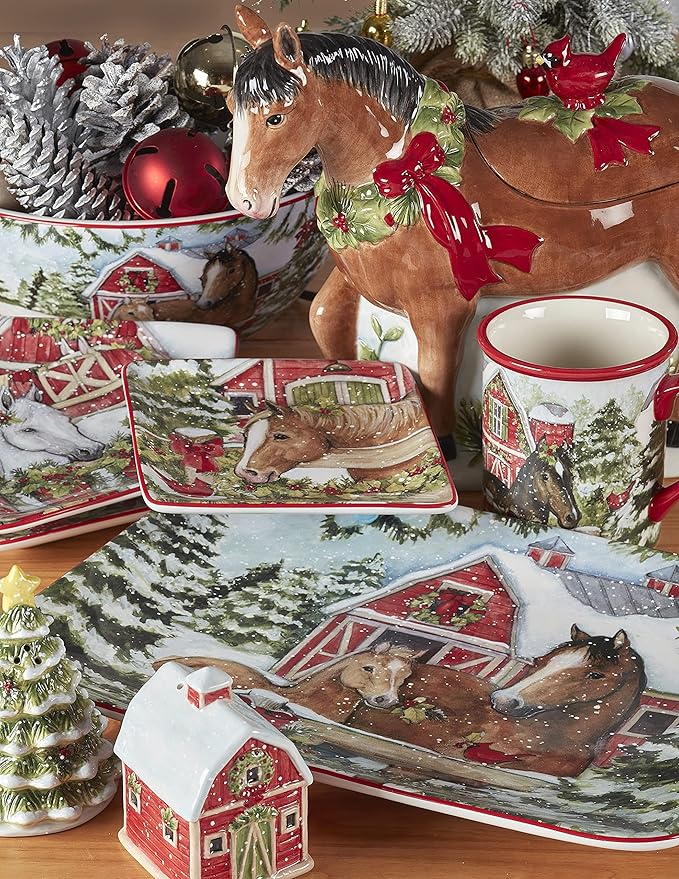 Homestead Christmas 16-Piece Dinnerware Set – Holiday Tableware for 4 with Festive Horse &amp Barn Scenes – Winter Ceramic Plates Bowls &amp Mugs – Farmhouse Country Christmas Décor