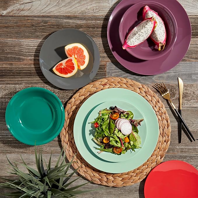 Tabletops Gallery 12 Piece Dark Green Melamine Dinnerware Set Plates Bowls for Indoor Outdoor Use Service for 4 Emerald