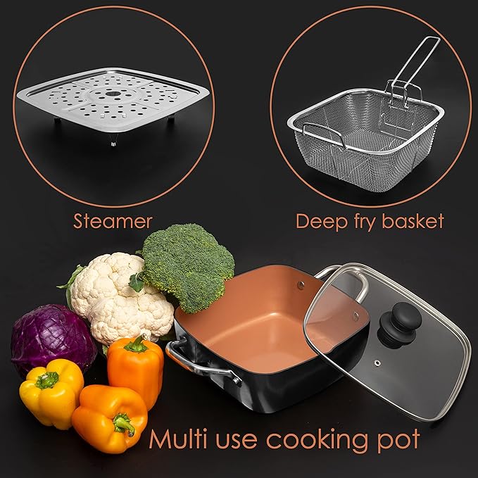 Moss &amp Stone 5 Pcs Black Copper Chef Cookware Non Stick Deep Frying Pan Fry Basket Steamer Rack Dishwasher &amp Oven Safe 5 Qt Deep Square Pan Induction Copper Cookware Set - 9.5 x 3.5