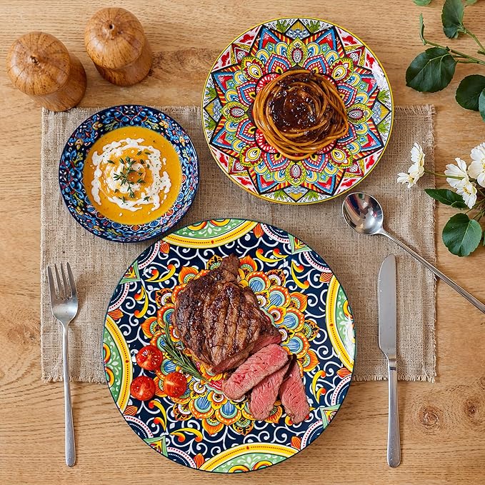 18 Pieces Dinnerware Sets Porcelain Dishes Set for 6 Microwave and Dishwasher Safe Scratch Resistant Bohemian Style Plates and Bowls Set Service for 6