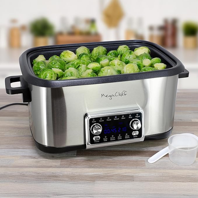 MegaChef Deluxe 8 Quart 12-in-1 Programmable Multi Cooker with Sous Vide and Multi-Functions Digital Display Adjustable Temperature &amp Time Removable Pot Tempered Glass Lid