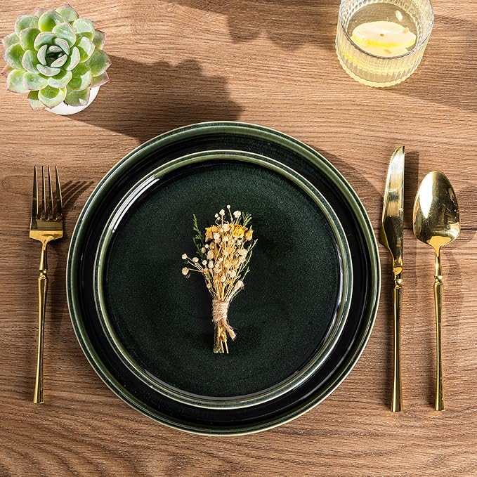 GBHOME Ceramic Dinnerware Sets for 8 24 Pieces Stoneware Plates and Bowls Sets Reactive Glaze Dishes -Scratch Resistant Dishwasher&ampMicrowave Safe Earth Green