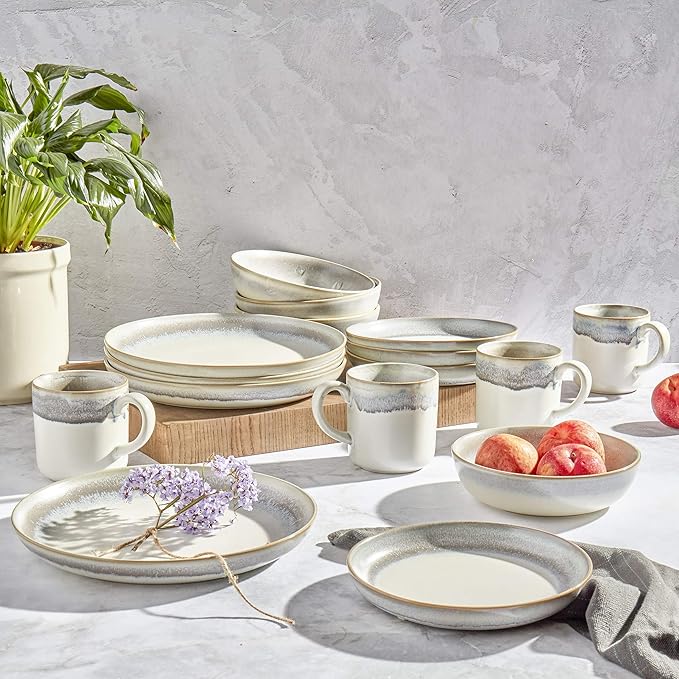 Tabletops Gallery Industrial Farmhouse Dinnerware- Stoneware Dishes Service for 4 Dinner Salad Appetizer Dessert Plate Bowls 16 Piece Hudson Dinnerware Set with Reactive Glaze