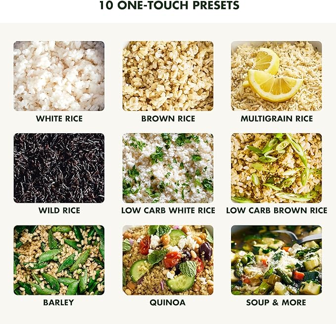 GreenPan Rice Cooker 8 Cups Cooked (4 Uncooked) Low-Carb &amp Soup Mode10 ONE-TOUCH Cooking Presets PFAS-Free Ceramic Steamer Basket Fuzzy Logic Auto Keep Warm Oats 24HR Delay Timer Cream