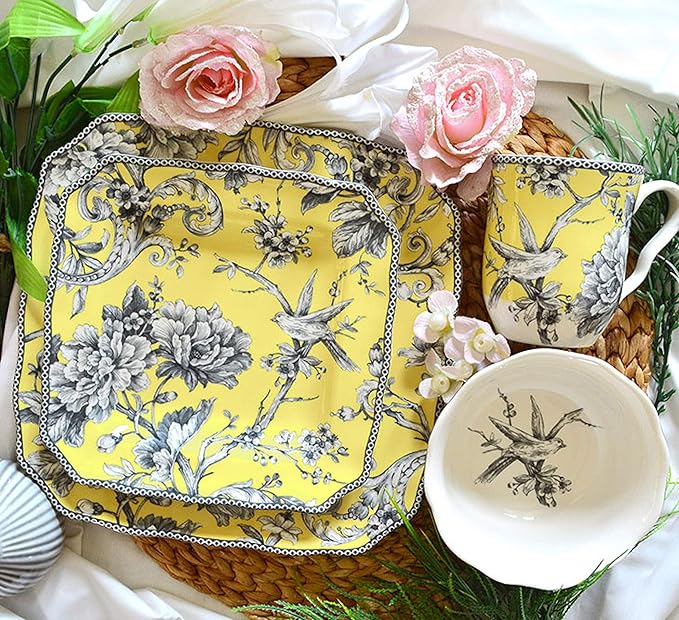 222 Fifth Adelaide 16-Piece Square Dinnerware Set – Service for 4 Floral Porcelain Big Dinner Plates and Bowls Sets for Everyday Dining &amp Entertainment Microwave &amp Dishwasher Safe Chip Res