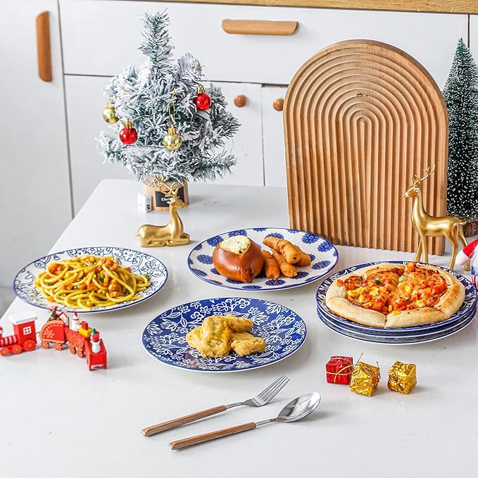 24 Pieces Ceramic Dinnerware - 12 Oz Dessert Bowls and 8.5 Inch Salad Plates and 24 Oz Cereal Bowls and 16 Oz Coffee Mugs Sets - Service for 6 - Vintage Blue