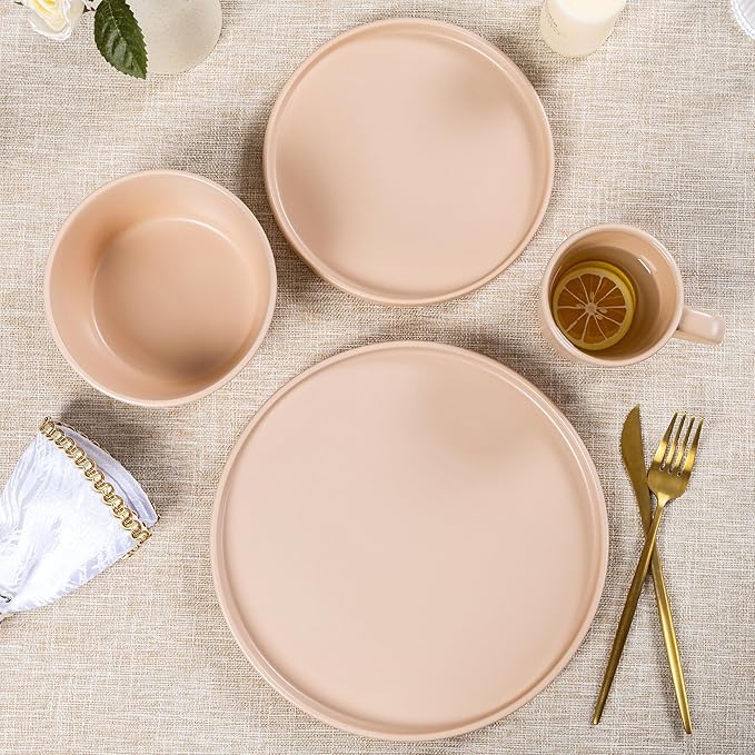 Plates and Bowls Sets for 4 - CJDC-QUELO 16 Piece Stoneware Dinnerware Sets with Mugs Ceramic Dishware Sets for Kitchen Dining Use Chip and Scratch Resistant Microwave Dishwasher Safe Brown