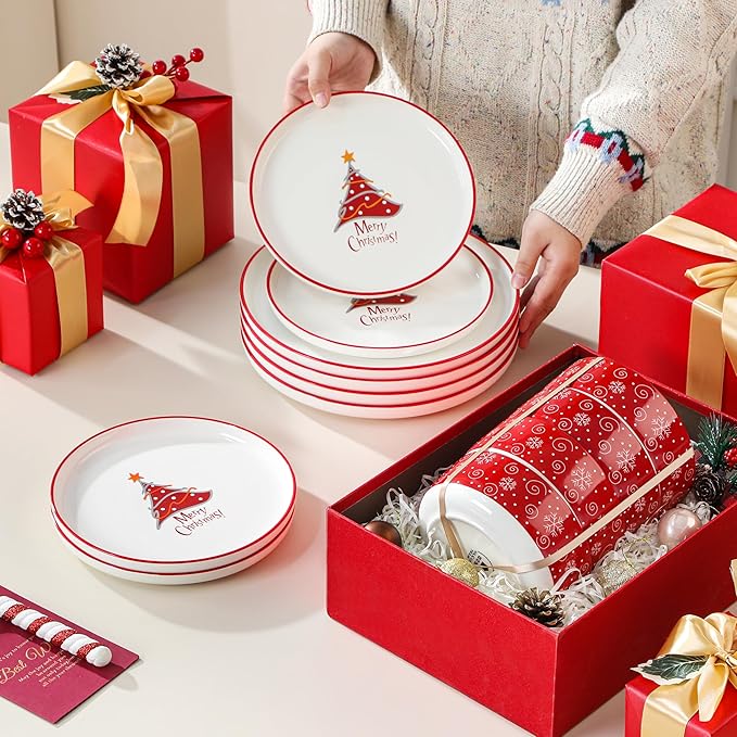 MALACASA Plates and Bowls Sets 12 Pieces Christmas Porcelain Dinnerware Set for 4 Ceramic Dishware Dishes Kitchen Dining Ware Set Microwave and Dishwasher Safe Series LUNA-Christmas Tree