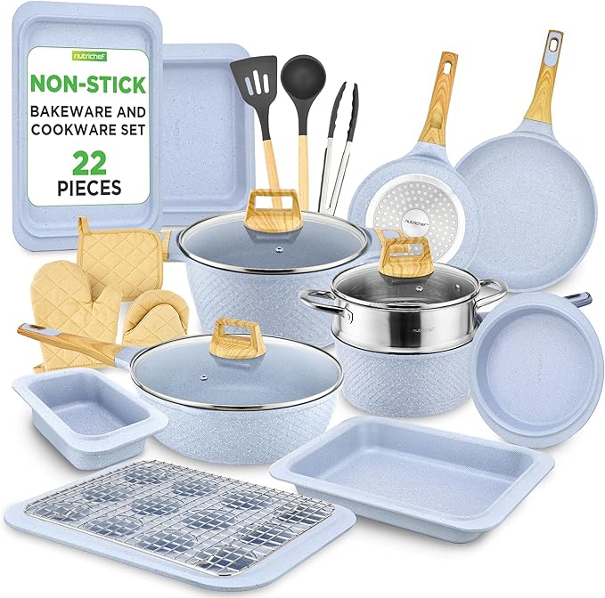 NutriChef 22‑Piece Non‑Stick Ceramic Pots and Pans Set – For All Cooktops Including Induction – PTFE &amp PFAS Free Includes Bakeware &amp Utensils