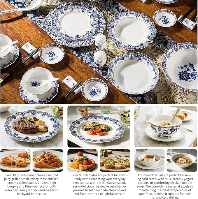 ACMLIFE 12-Piece Bone China Dinnerware Set Blue and White Vintage Floral Dinnerware Set Service for 4 Lightweight Plates and Bowls Set with Gift Box (Blue-B)